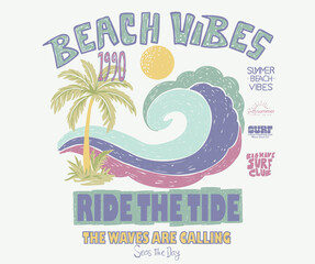 Ride the tide. Ocean wave are calling. Abstract wave artwork. Surfing club vector graphic design for apparel, stickers, posters, background and others. Palm beach artwork. © riaz