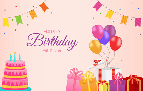 Happy Birthday illustration with cake, gifts, and balloons