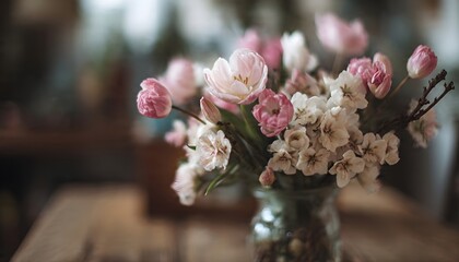 Pink and White Tulips in Glass Vase on Wooden Table, Shallow Focus Photography