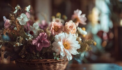 Colorful Flowers in Woven Basket on Wooden Table, Shallow Focus Photography