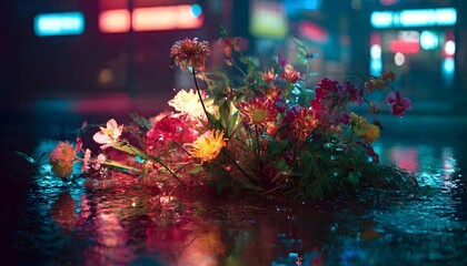 Colorful Flowers on Wet Street at Night, Neon Lights Reflected, Blurred Background, Bokeh Effect