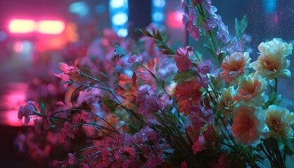 Vibrant Pink and Yellow Flowers on Rainy Night with Neon Lights, Bokeh Background.