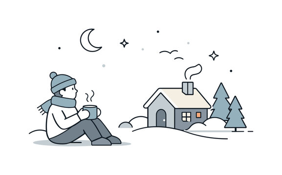 Winter calm concept. Minimal scene with gentle shapes and desaturated colors, evoking slow pace and cozy silence. Soft and modern seasonal