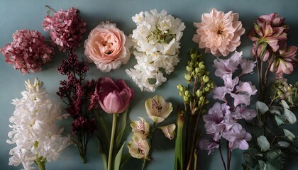 Assorted Colorful Flowers on Grey Background, Overhead View, Photorealistic