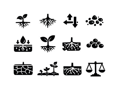 Plant Nutrition Process. Solid icon set of Plant Nutrition Process: seedling roots, mature roots, nutrient transport arrows, soil minerals,