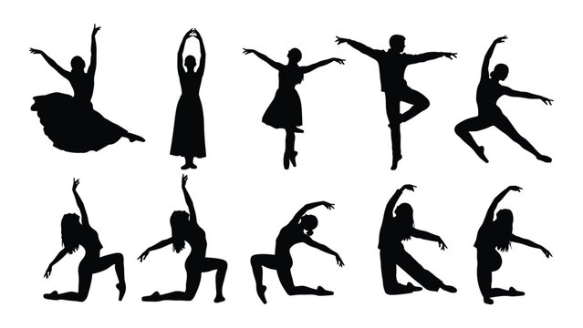 A collection of dancers in various poses and styles showcasing their artistry and grace isolated on white background, Vector