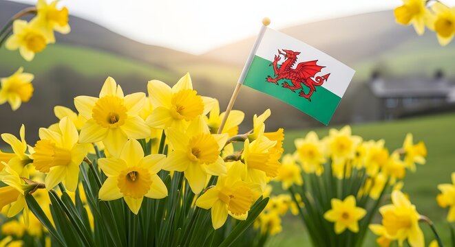 St david's day celebration with welsh flag and daffodils