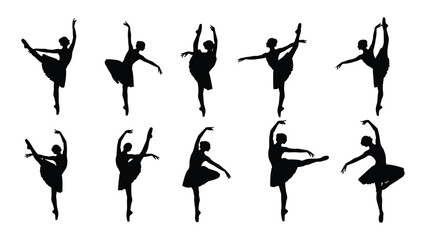 Graceful ballerinas in various elegant poses captured in black and white isolated on white background, Vector © SILHUETTECHEMBER