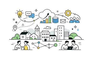 Fototapeta premium Tech Growth in Cities. Startup growth in smaller cities. Abstract view of buildings with digital icons representing connections, data, and collaboration.