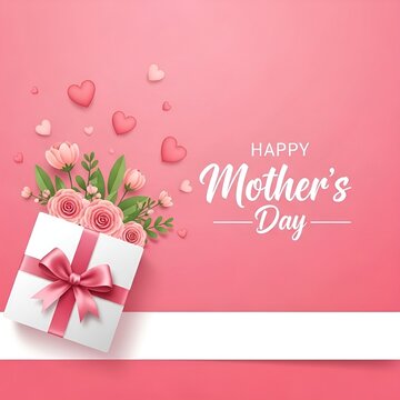 Happy mothers day gift box with flowers and hearts on pink background illustration