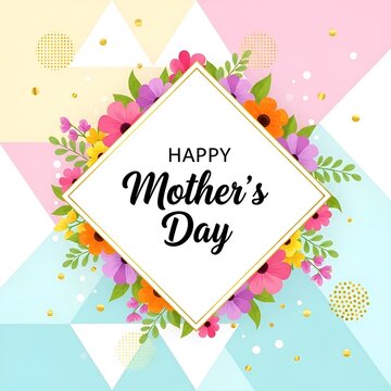 Colorful happy mothers day card with floral frame and pastel background