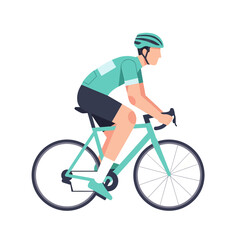 Fototapeta premium Cyclist Riding Bicycle Wearing Helmet and Sports Apparel, Flat Vector Illustration