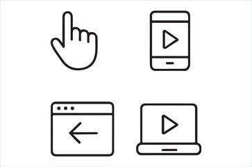 Line art icons depicting video playback hand cursor and device screens