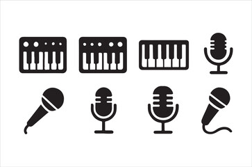 Musical equipment icons synthesizers keyboards and various microphone styles