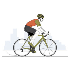Naklejka premium Cyclist riding road bike with city skyline in background, vector illustration