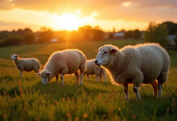 Obraz premium Charming Pastoral Meadow Serenity Peaceful Grazing Sheep Dreamy Golden Hour Ambience