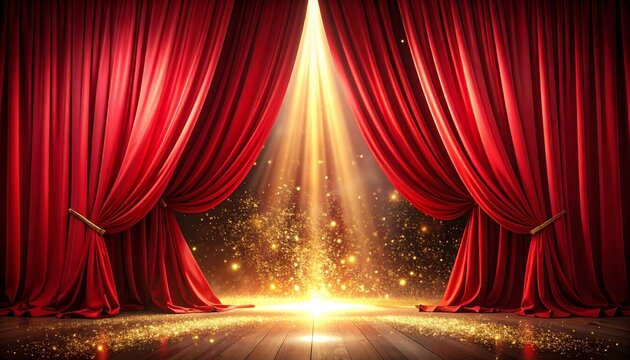 Grand opening red velvet curtains glowing stage spotlight theater background　豪華オープニング 赤いベルベットカーテン 輝くステージスポットライト背景  