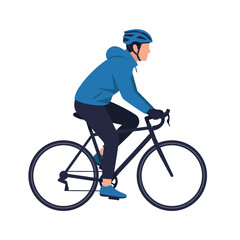 Fototapeta premium Cyclist Wearing Blue Hoodie and Helmet Riding Bicycle on White Background