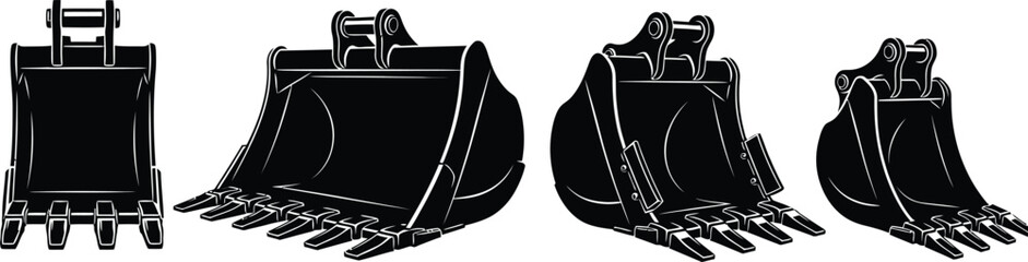 Silhouette vector set of 4 construction excavator buckets digging bucket ditch cleaning bucket rock bucket and trenching bucket
