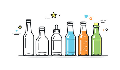 Minimalist Glass Bottles. Glass drink bottles. Several empty and filled glass bottles arranged neatly on a surface, expressing order and simplicity. Soft