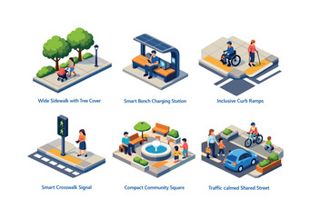 Fototapeta premium People-centered infrastructure. Isometric flat vector icons set of people-centered infrastructure: wide sidewalk with tree cover, smart bench