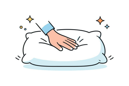 Pillow comfort check. A person gently testing a freshly fluffed pillow with a hand press, soft bounce lines and sparkles showing coziness and