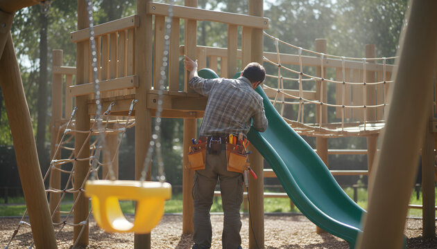 Man in plaid shirt with tool belt inspects a playground structure with a slide and swings.