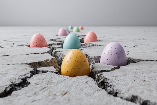 Pastel Easter eggs on cracked dry ground.