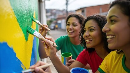 Naklejka premium Side view of young Brazilian fans painting wall with flag colors for World Cup