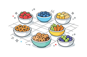 Summer picnic food snacks. Small bowls with berries, cookies, and light snacks placed on a picnic blanket. The illustration highlights