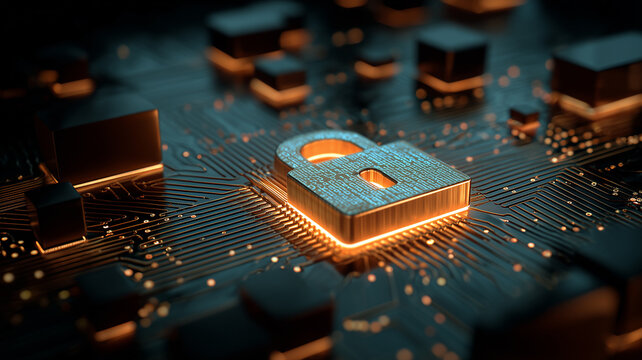 Digital padlock on a circuit board, representing cybersecurity protection and data encryption for secure networks.
