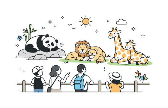 Coexistence in Harmony. Animal interactions in zoos and wildlife parks. Animals resting calmly while visitors watch from a respectful distance. Balanced scene