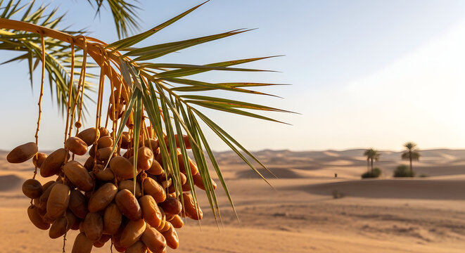 Desert landscape with date palm tree and ripe fruit