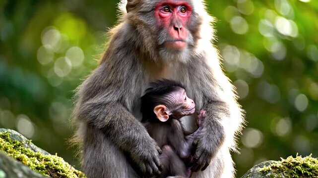 Mother monkey cuddling baby in lush green forest habitat