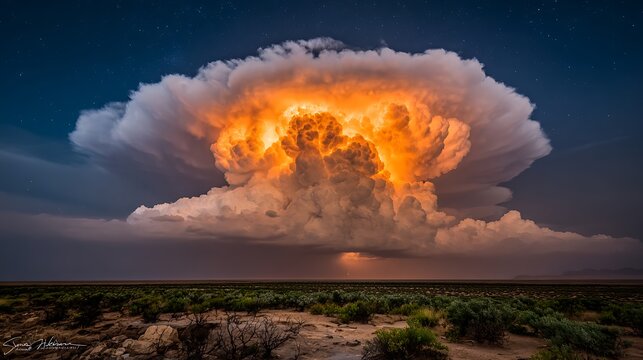 Dramatic orange cumulonimbus cloud over desert landscape at dusk high resolution photo