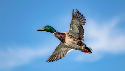 Obraz premium Pato salvaje volando con movimiento natural y alas extendidas, iluminación neutra y calidad 4K ideal para edición y composición.