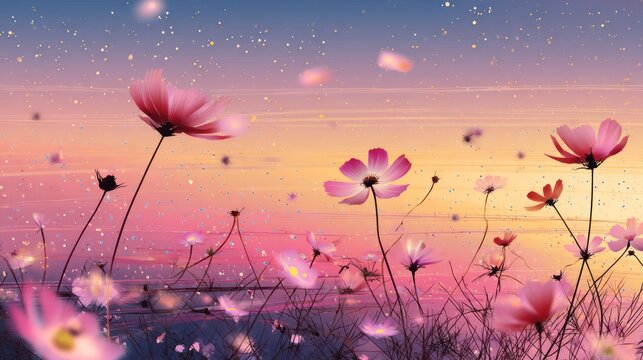 Animated meadow of cosmos flowers dancing in wind at sunset