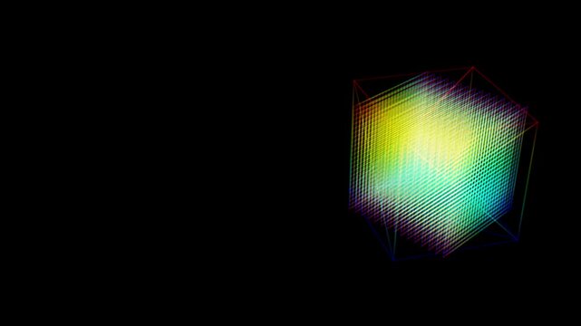 Quantum computing concept background. Qubit. Abstract multicolored geometric light cube with layered lines on black background.