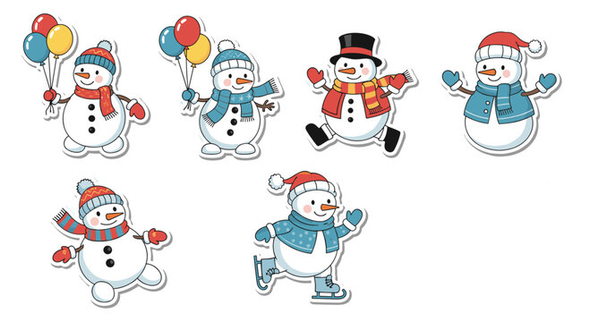 Assortment of cute snowman character stickers in various winter outfits and active holiday poses for greeting cards and decor.