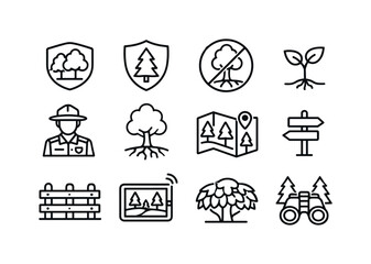 Fototapeta premium Forest Conservation Icons. Forest conservation. Line icon set of forest conservation: protected trees, forest shield, no deforestation sign, tree sapling,