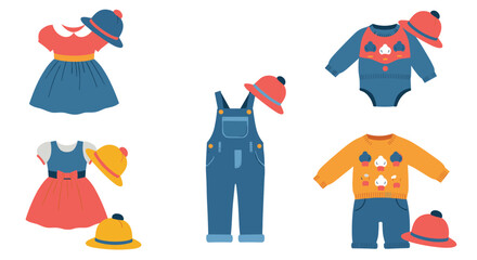 Assortment of cute children clothes including dresses, overalls, sweaters, and hats in primary colors for school or play activities.