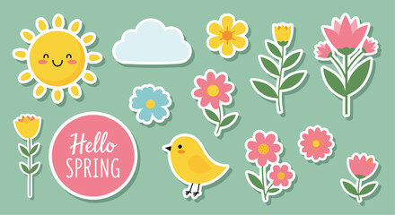 Colorful set of spring-themed stickers featuring a happy sun, clouds, various flowers, a cute yellow bird, and a hello spring label.