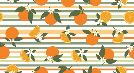 Fresh pattern of whole oranges, slices, and white blossoms on a background of green, yellow, and orange horizontal stripes.