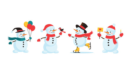 Set of four cheerful snowmen characters engaged in winter activities like ice skating, holding balloons, and birds in the snow.