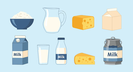 Collection of various dairy products including milk cartons, bottles, glasses, cheese blocks, and cottage cheese in a bowl.