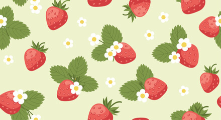 Sweet seamless pattern of ripe red strawberries with green leaves and small white flowers on a soft yellow background.