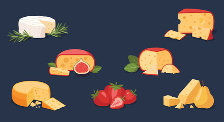 Gourmet assortment of different cheese types like brie, cheddar, and gouda paired with fresh figs, strawberries, and pears.