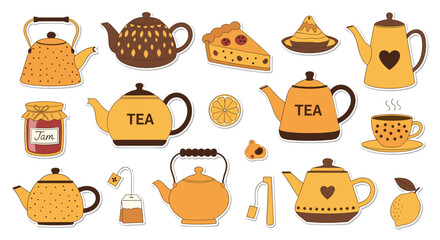 Set of cozy tea party elements including teapots of various designs, tea bags, jam jar, lemon, and a slice of fruit pie.