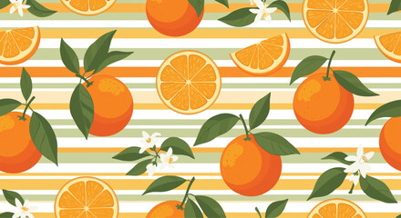 Vibrant seamless pattern with whole oranges, half slices, and white blossoms set against a backdrop of colorful horizontal stripes.