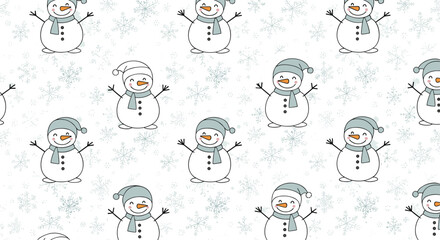 Simple winter pattern featuring happy snowmen in blue hats and scarves dancing among light blue snowflakes on white background.